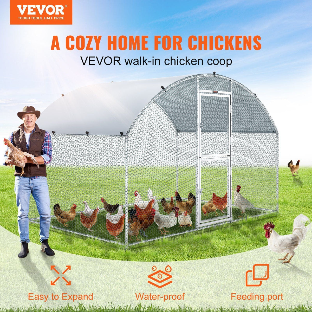Large Metal Chicken Coop with Run, Walkin Chicken Coop for Yard with Waterproof Cover, 6.6 x 9.8 x 6.6 ft, Dome Roof Large Poultry Cage for Hen House, Duck Coop and Rabbit Run, Silver