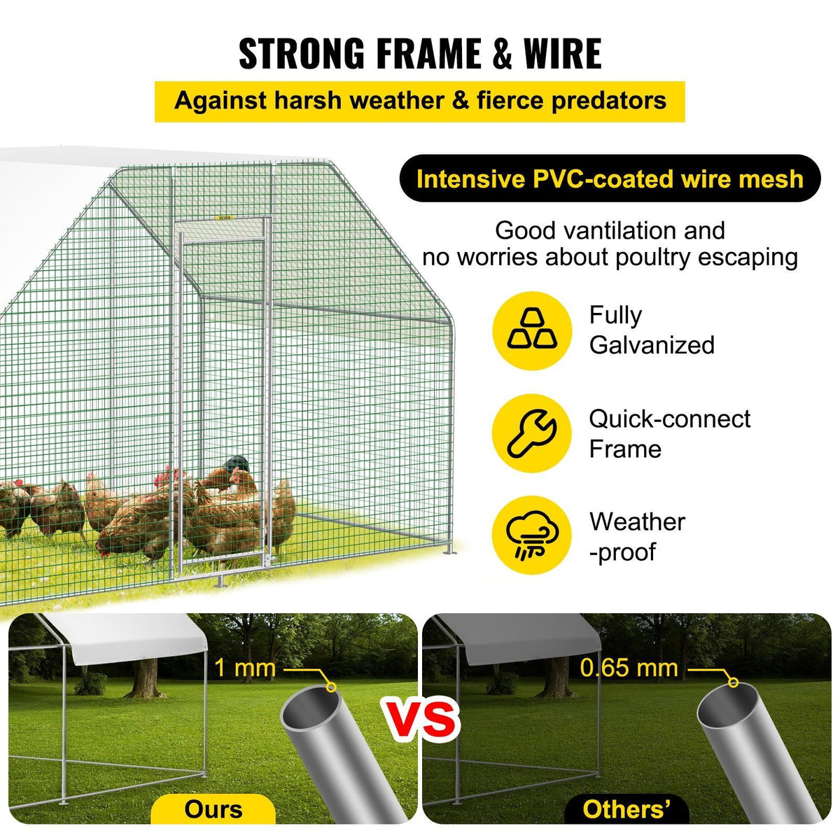 Large Metal Chicken Coop with Run, Walkin Chicken Run for Yard with Waterproof Cover, Outdoor Poultry Cage Hen House, 6.5x9.8x6.5ft Large Space for Duck Coops and Rabbit Runs, Silver