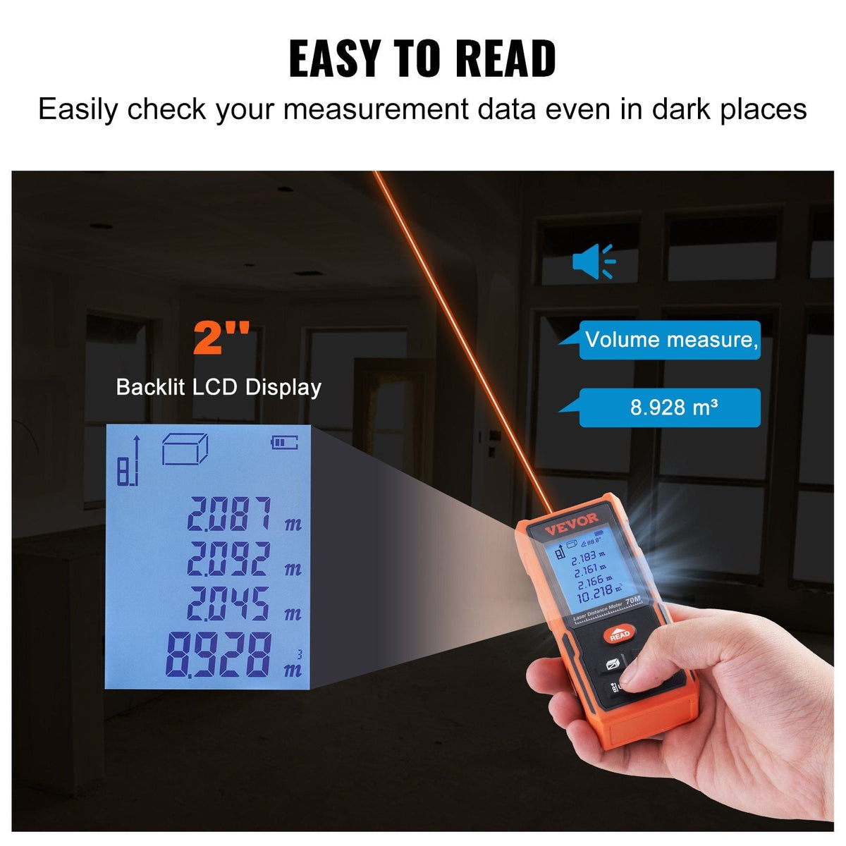 Laser Measure, 229 ft, ±1/16'' Accuracy Laser Distance Measure with 99-Group Storage, ft/m/in/ft+in, 2'' Backlit LCD Screen Laser Meter, Pythagorean Mode, Measure Distance, Area and Volume