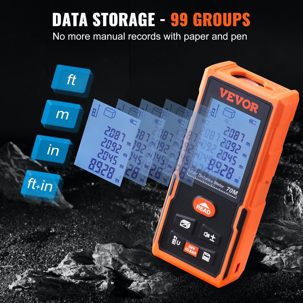 Laser Measure, 229 ft, ±1/16'' Accuracy Laser Distance Measure with 99-Group Storage, ft/m/in/ft+in, 2'' Backlit LCD Screen Laser Meter, Pythagorean Mode, Measure Distance, Area and Volume