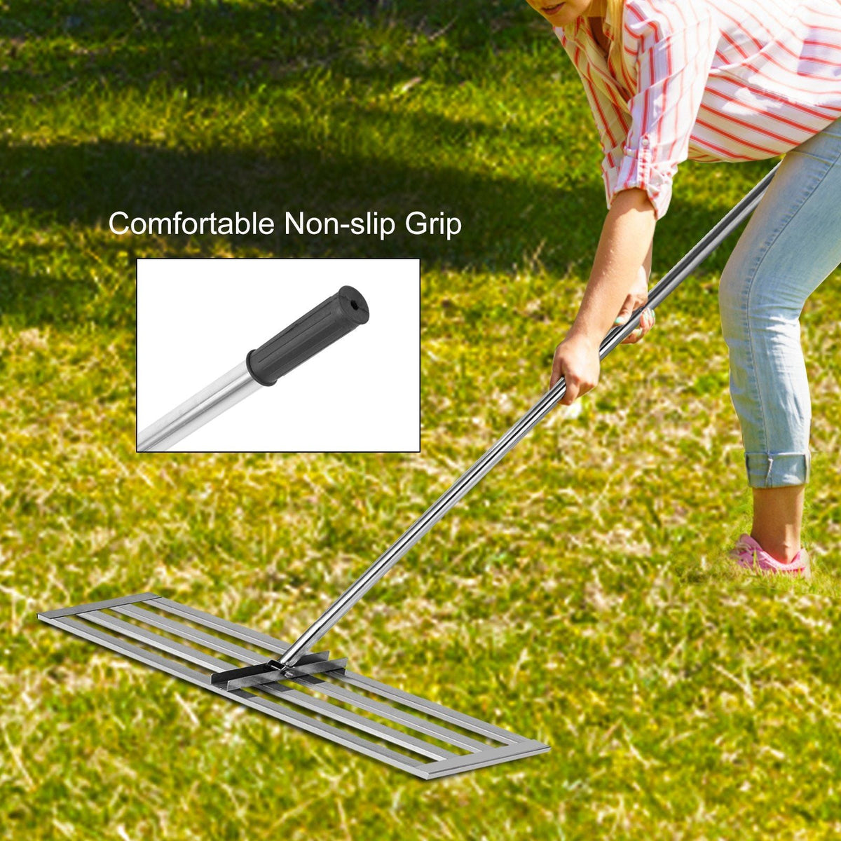Lawn Leveler Tool 17 x 10 in, Lawn Leveling Rake with 77 in Long Handle, Soil Leveling Tool Stainless Steel, Leveling Soil Dirt or Sand Ground Surface for Yard Garden Ground and Golf Lawn