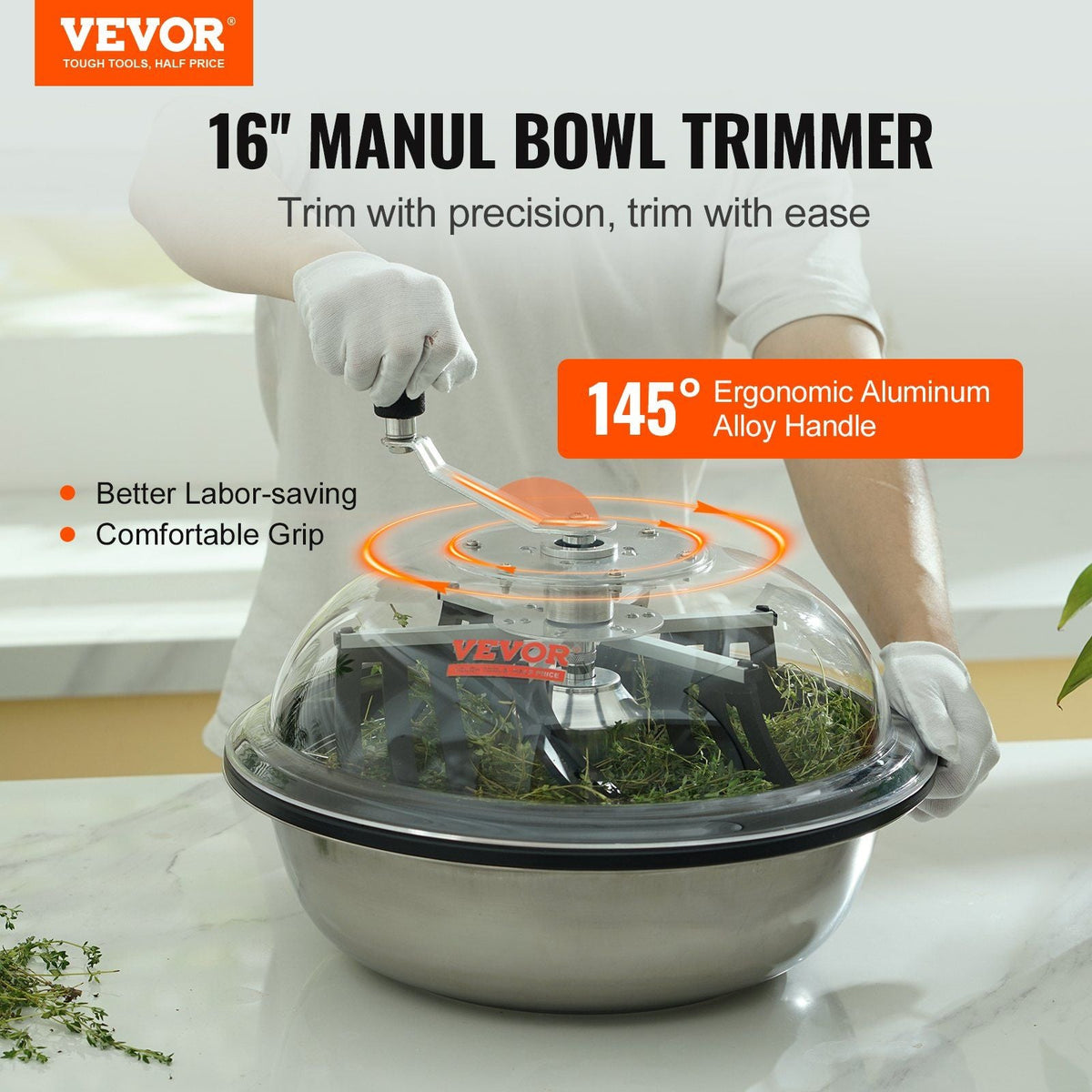 Leaf Bowl Trimmer, 16'' Trimmer Bowl, Manual Bud Trimmer with Stainless-Steel Blades for Twisted Spin Cut, Clear Visibility Dome, Foldable Herb Drying Rack and Hand Pruner Included