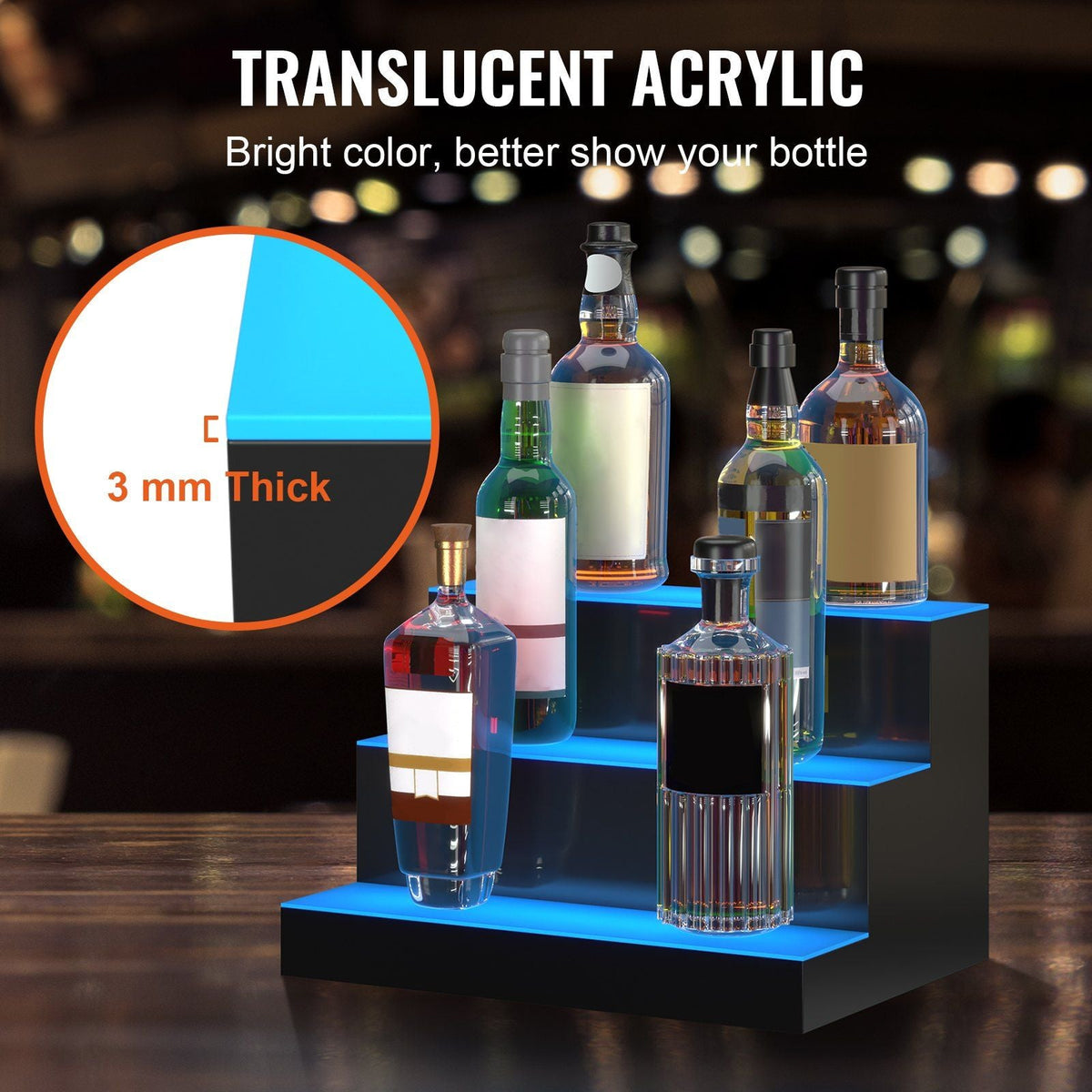 LED Lighted Liquor Bottle Display Bar Shelf RF & App Control 16" 3-Step