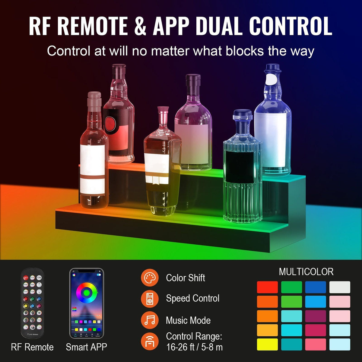 LED Lighted Liquor Bottle Display Bar Shelf RF & App Control 24" 2-Step