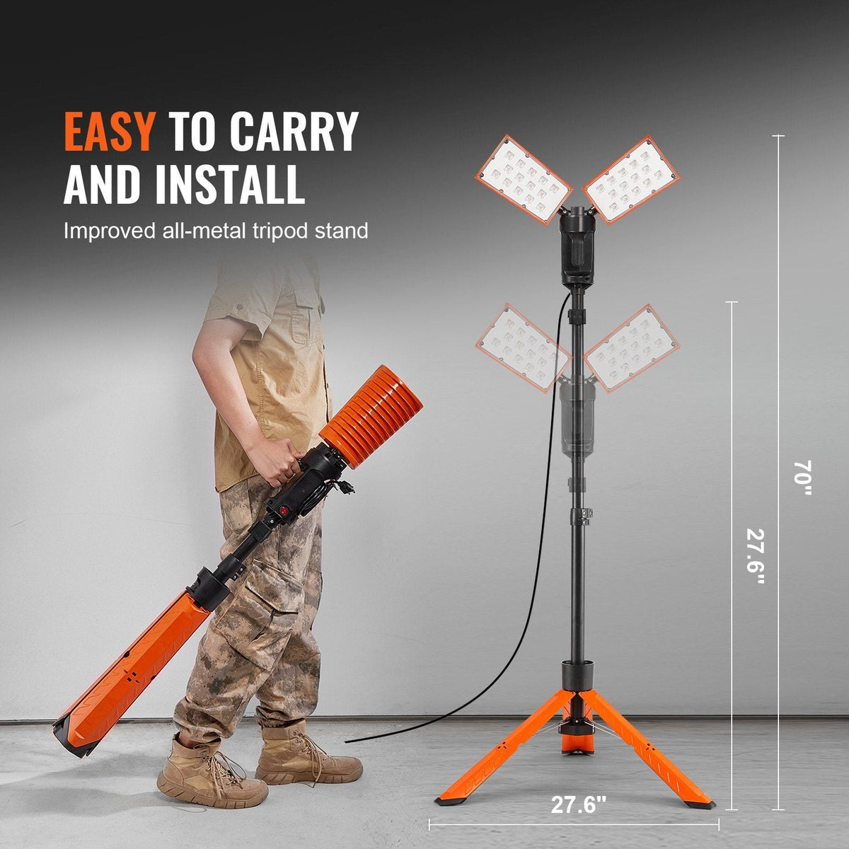 Led Work Light, 10000 lm Led Light Stand, 2 x 50W Dual Head Work lights with stand, 27.6"-70" Height Adjustable, with Foldable Tripod Stand, Remote Control, 3-level Color Temperature Cycling