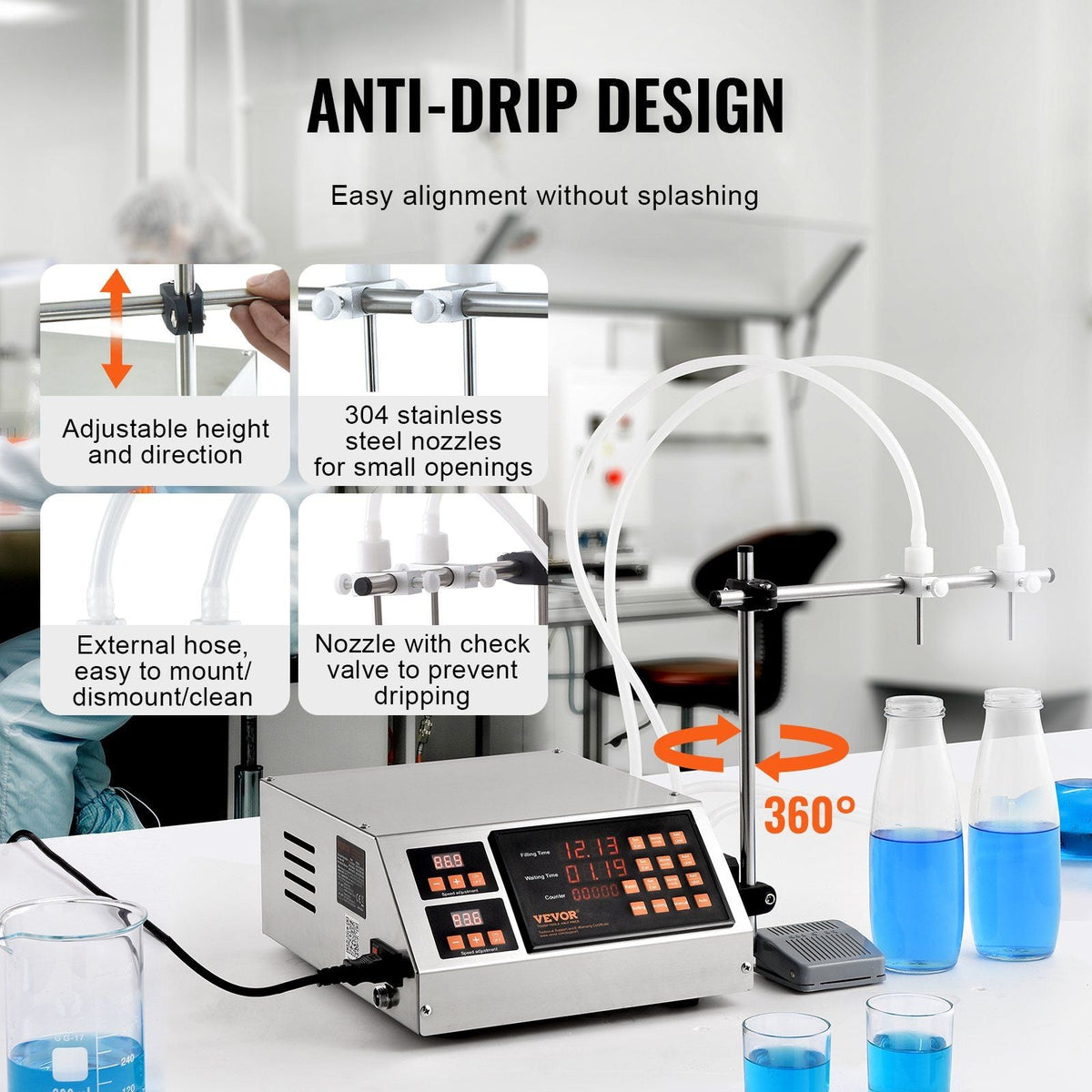Liquid Filling Machine, 5-650ml Filling Capacity, Automatic Bottle Filler Machine, Bottling Machine Peristaltic Pump Digital Control for Milk, Water, Wine, Beverage, Soy Sauce (Double Nozzle)