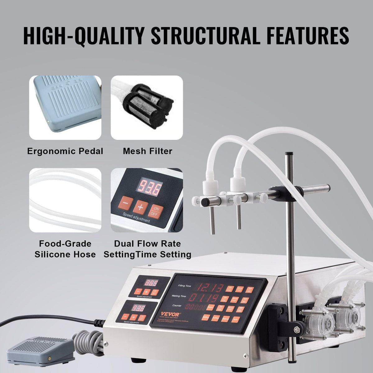 Liquid Filling Machine, 5-650ml Filling Capacity, Automatic Bottle Filler Machine, Bottling Machine Peristaltic Pump Digital Control for Milk, Water, Wine, Beverage, Soy Sauce (Double Nozzle)