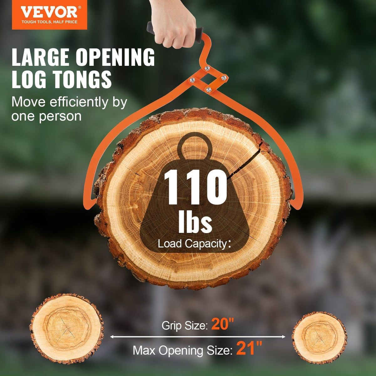 Log Tongs, 20 inch 2 Claw Logging Skidding Tongs Non-Slip Grip, Steel Hand Log Grapple with 110 lbs Loading Capacity, Log Lifting, Handling, Dragging & Carrying Tool