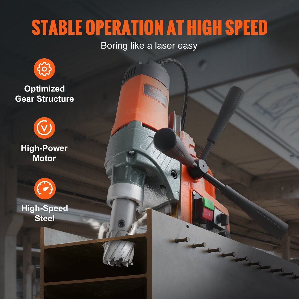 Magnetic Drill, 1450W 1.57" Boring Diameter, 12500N 800 RPM Portable Electric Mag Drill Press, with Variable Speed, Drilling Machine for any Surface Home Improvement Industry Railway