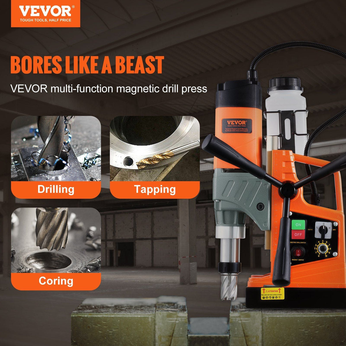 Magnetic Drill, 1450W 2" Boring Diameter, 12800N Portable Electric Mag Drill Press, with Variable Speed, 800 RPM Drilling Machine for any Surface Home Improvement Industry Railway