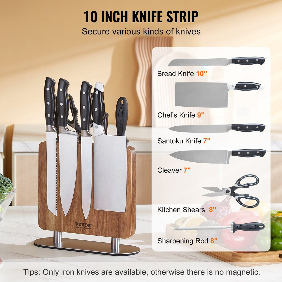 Magnetic Knife Block, 10 inch Home Kitchen Knife Holder, Double Sided Magnetic Knife Stand, Multifunctional Storage Acacia Wood Knives Rack, Cutlery Display Organizer for Knives, Utensils, Tools