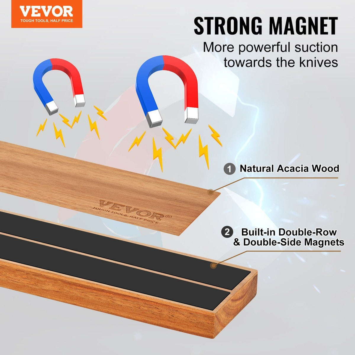 Magnetic Knife Holder with Enhanced Strong Magnet, 16" No Drilling Knife Strips Organizer for Wall, Multifunctional Storage Acacia Wood Knives Rack, Knife Bar for Kitchen Knives, Utensils, Tools