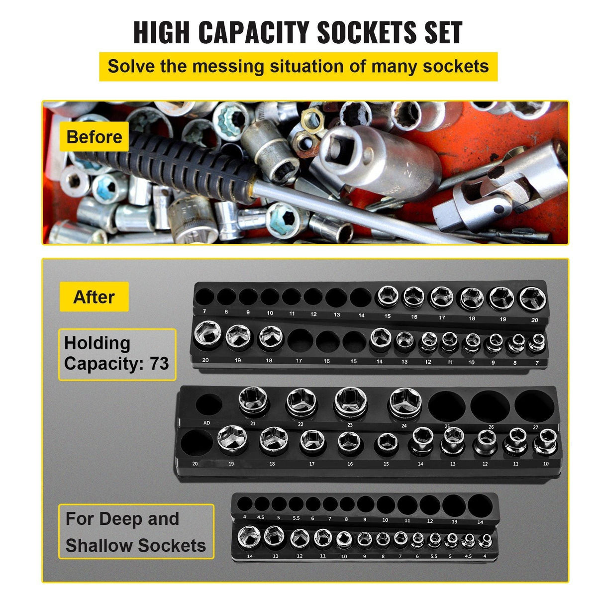 Magnetic Socket Organizer Socket Holder 3 pcs 1/2, 3/8, 1/4-in Metric Black