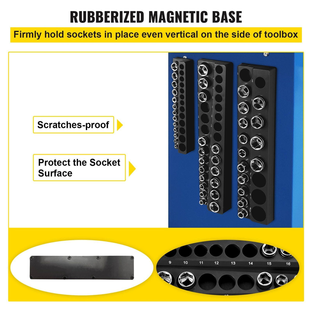 Magnetic Socket Organizer Socket Holder 3 pcs 1/2, 3/8, 1/4-in Metric Black
