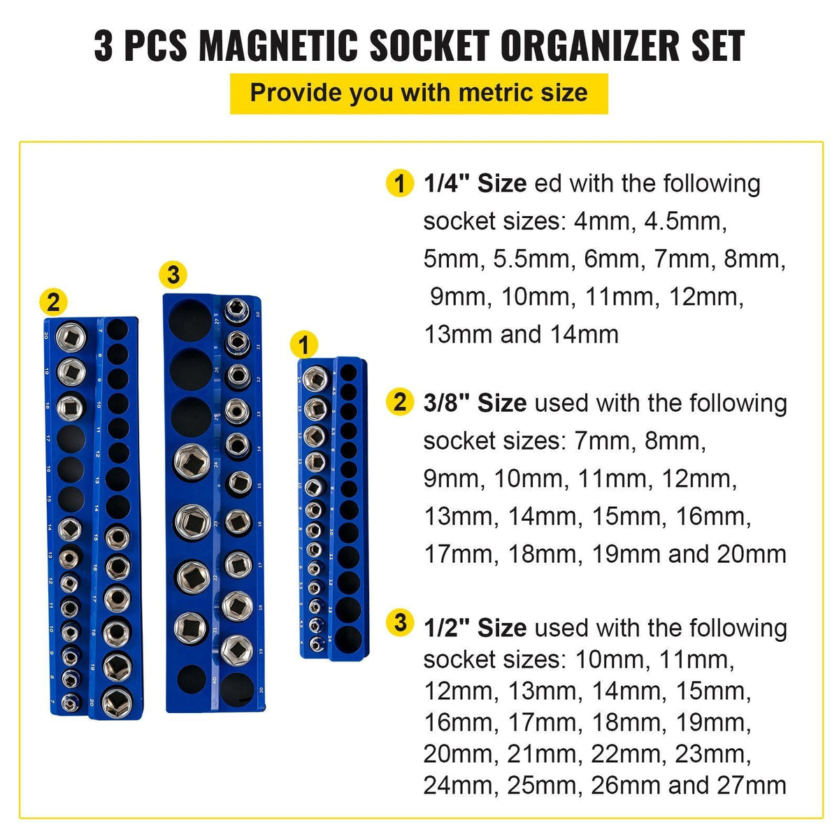 Magnetic Socket Organizer Socket Holder 3 pcs 1/2, 3/8, 1/4-in Metric Blue