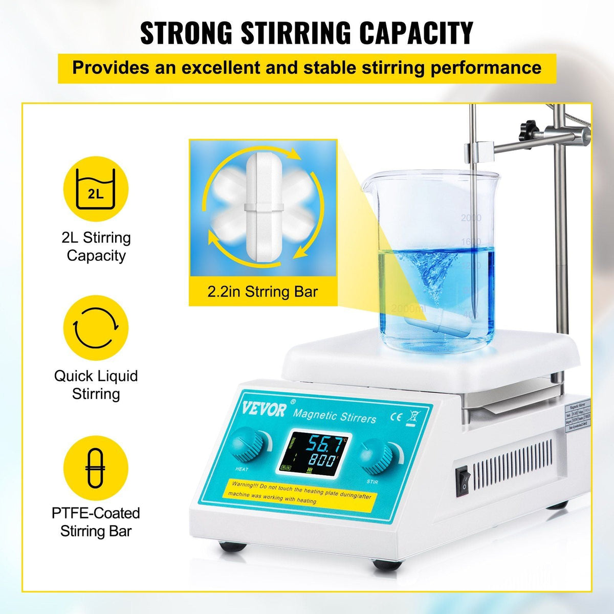 Magnetic Stirrer Hot Plate, 2000ml Stirring Capacity Max 572°F Heating Hotplate Magnetic Stirrer 200-2000 RPM Magnetic Stirrer Magnetic Mixer with Support Stand Stirring Bar for Lab College