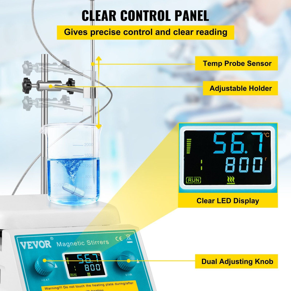 Magnetic Stirrer Hot Plate, 2000ml Stirring Capacity Max 572°F Heating Hotplate Magnetic Stirrer 200-2000 RPM Magnetic Stirrer Magnetic Mixer with Support Stand Stirring Bar for Lab College