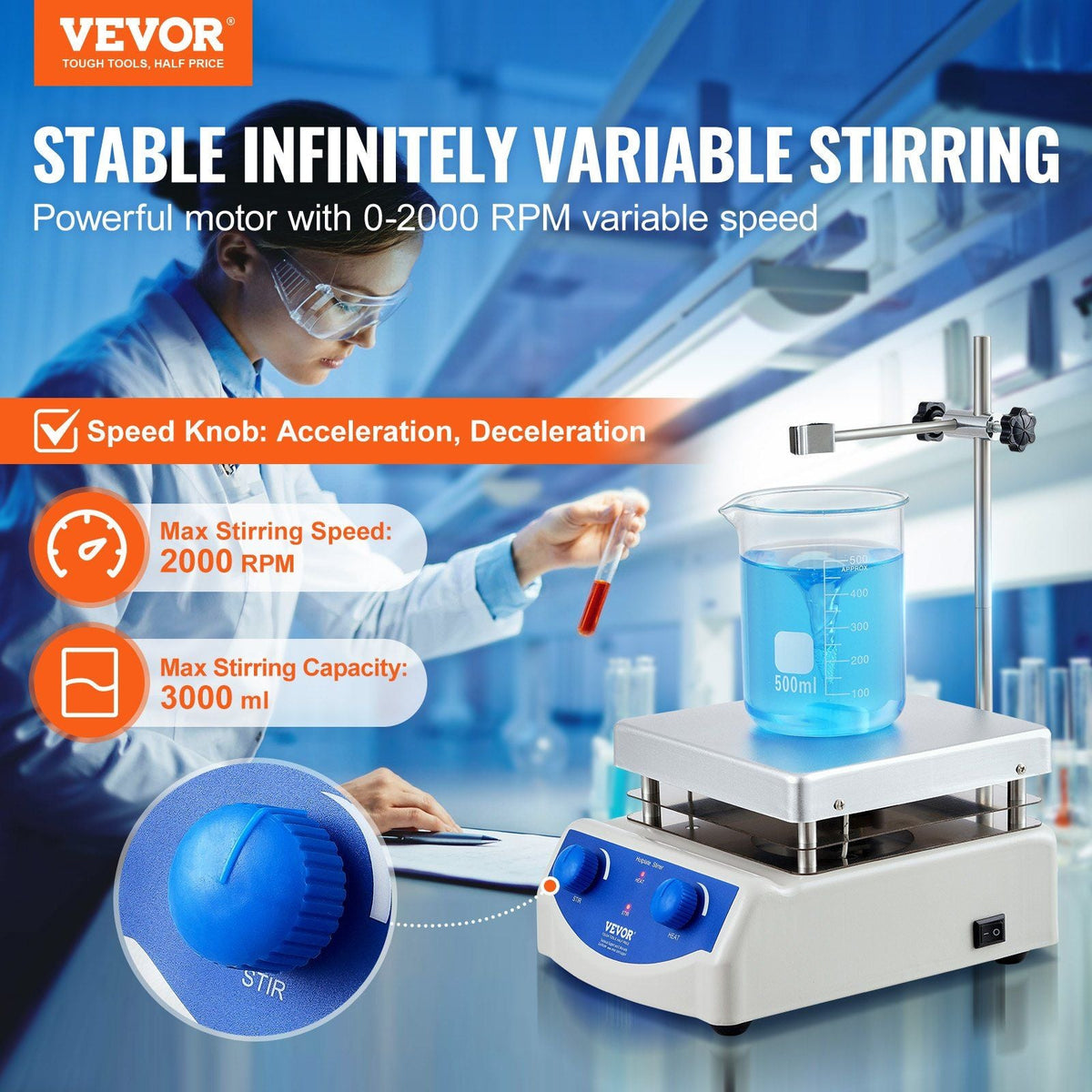 Magnetic Stirrer Hot Plate, Max 716°F/380°C, 0-2000 RPM Hot Plate with Magnetic Stirrer, 3000mL Hot Plate Stirrer, Support Stand and Stir Bars Included, 500W Heating Power