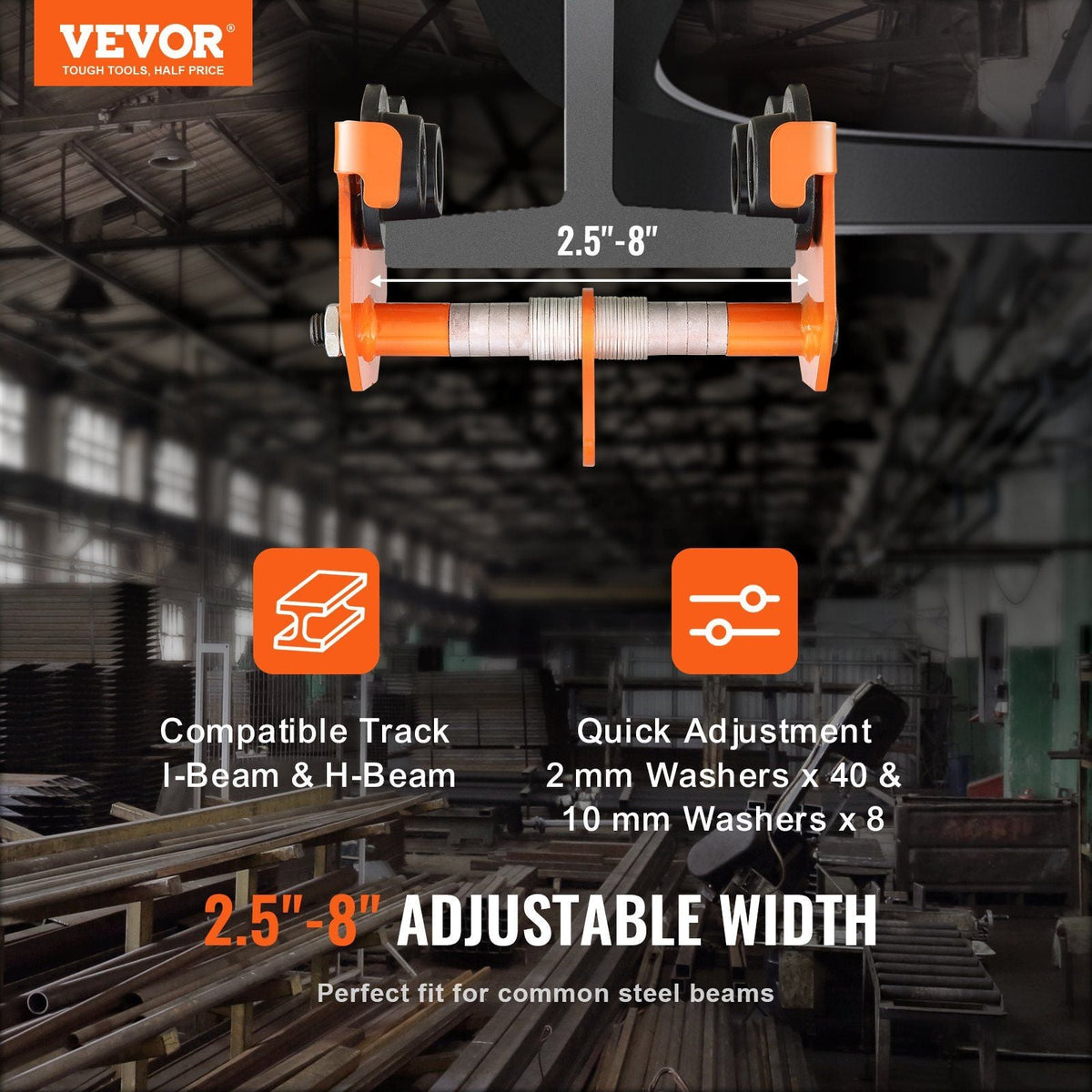Manual Trolley, 1100 lbs/0.5 Ton Load Capacity, Push Beam Trolley with Dual Wheels, Adjustable for I-Beam Flange Width 2.5" to 8", Heavy Duty Alloy Steel Garage Hoist for Straight Curved I Beam
