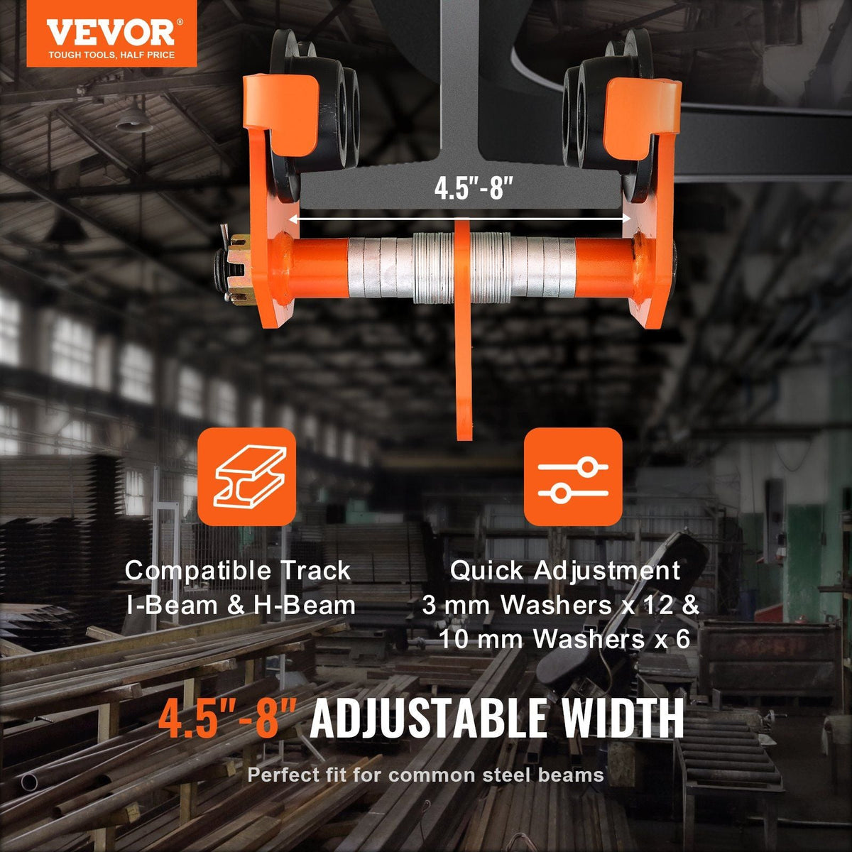 Manual Trolley, 11000 lbs/5 Ton Load Capacity, Push Beam Trolley with Dual Wheels, Adjustable for I-Beam Flange Width 4.5" to 8", Heavy Duty Alloy Steel Garage Hoist for Straight Curved I Beam