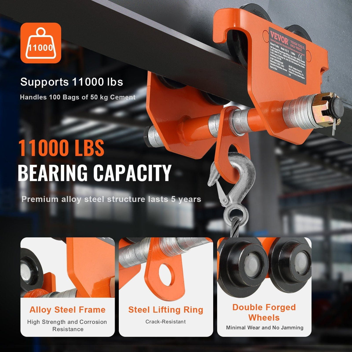Manual Trolley, 11000 lbs/5 Ton Load Capacity, Push Beam Trolley with Dual Wheels, Adjustable for I-Beam Flange Width 4.5" to 8", Heavy Duty Alloy Steel Garage Hoist for Straight Curved I Beam