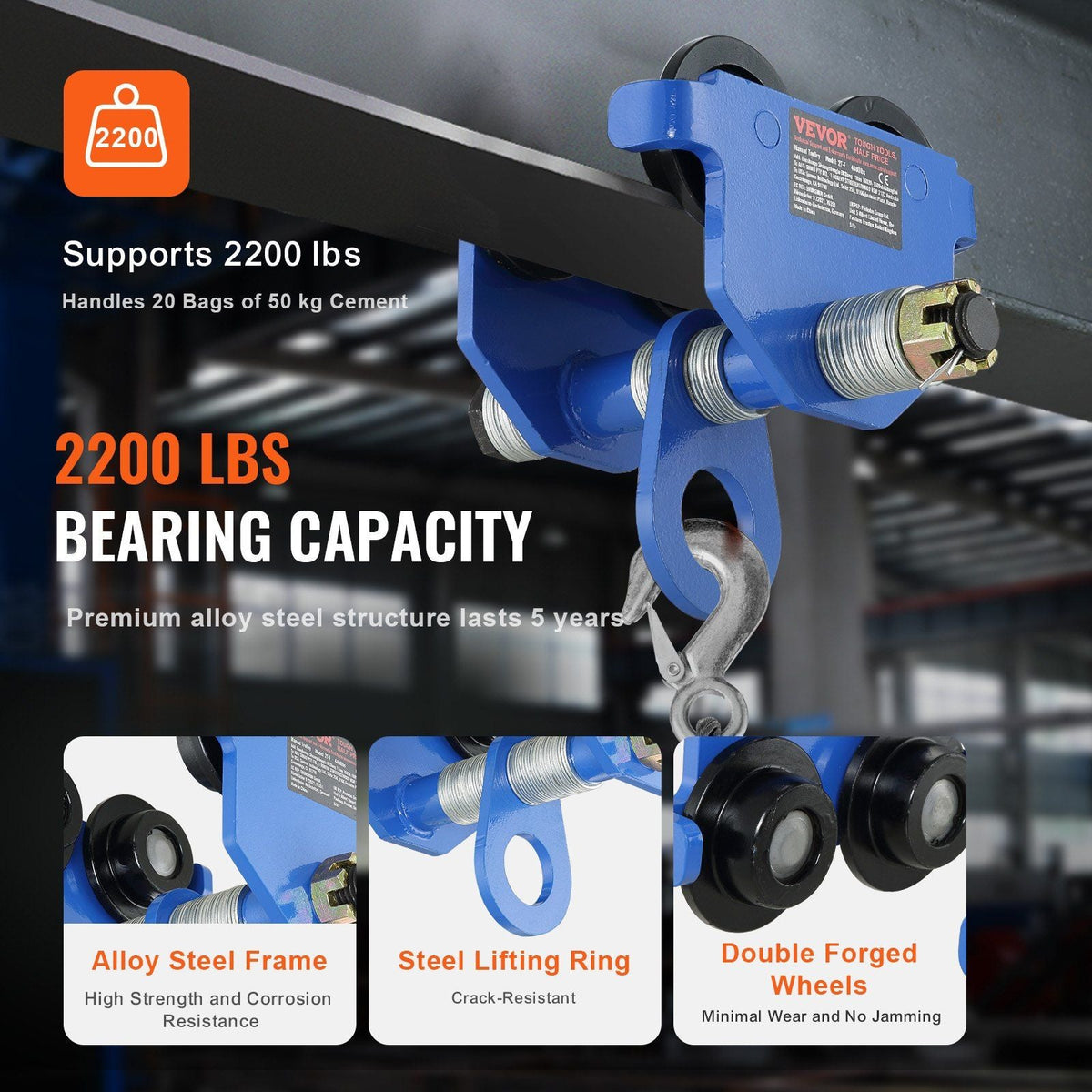 Manual Trolley, 2200 lbs/1 Ton Load Capacity, Push Beam Trolley with Dual Wheels, Adjustable for I-Beam Flange Width 2.5" to 7", Heavy Duty Alloy Steel Garage Hoist for Straight Curved I Beam