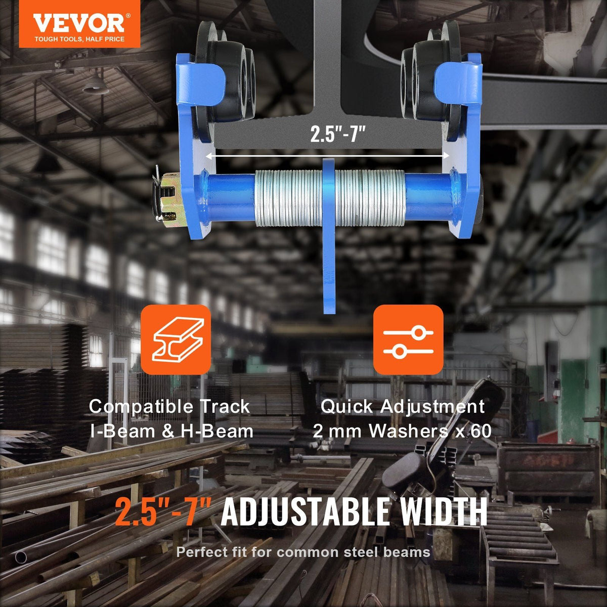 Manual Trolley, 2200 lbs/1 Ton Load Capacity, Push Beam Trolley with Dual Wheels, Adjustable for I-Beam Flange Width 2.5" to 7", Heavy Duty Alloy Steel Garage Hoist for Straight Curved I Beam