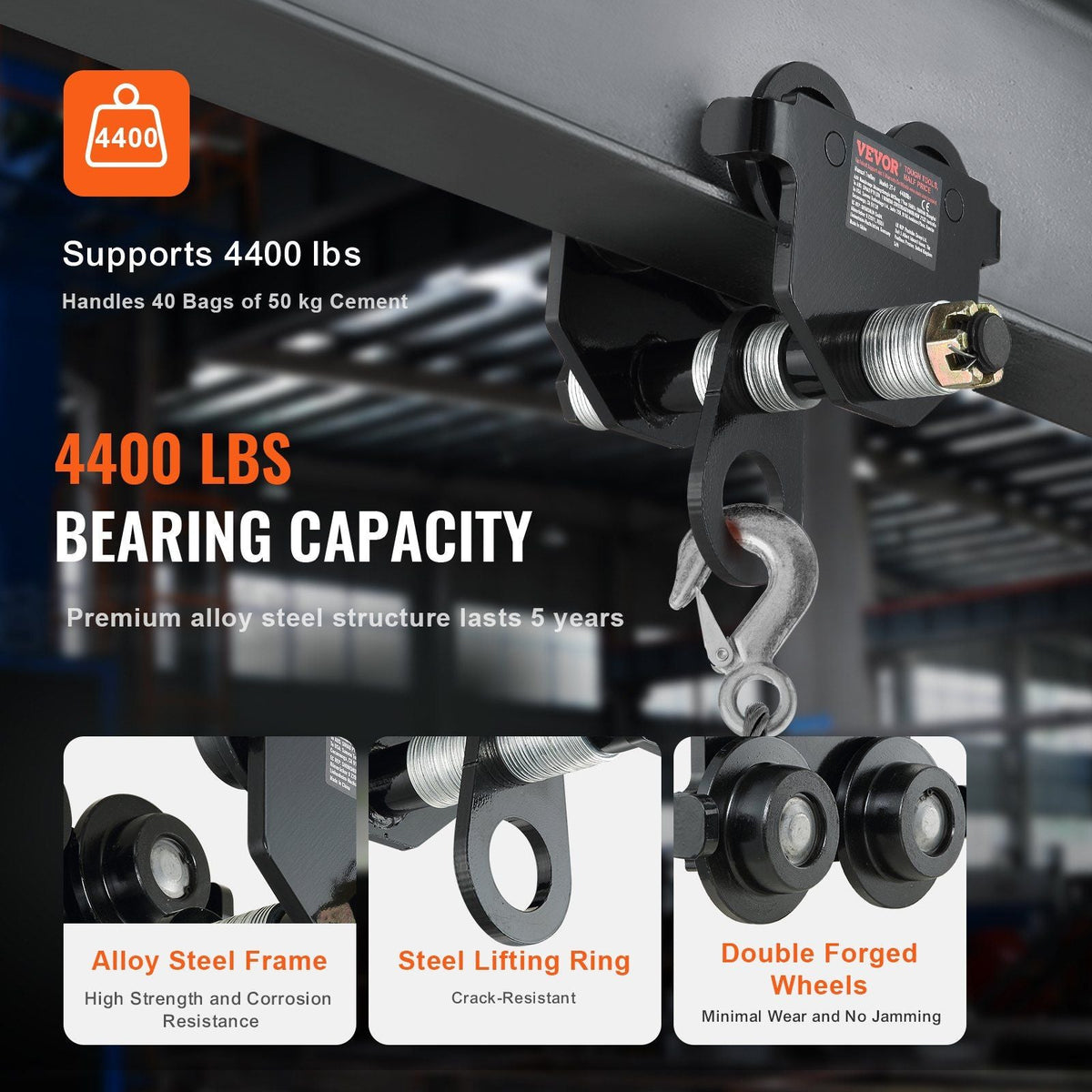 Manual Trolley, 4400 lbs/2 Ton Load Capacity, Push Beam Trolley with Dual Wheels, Adjustable for I-Beam Flange Width 2.5" to 7", Heavy Duty Alloy Steel Garage Hoist for Straight Curved I Beam