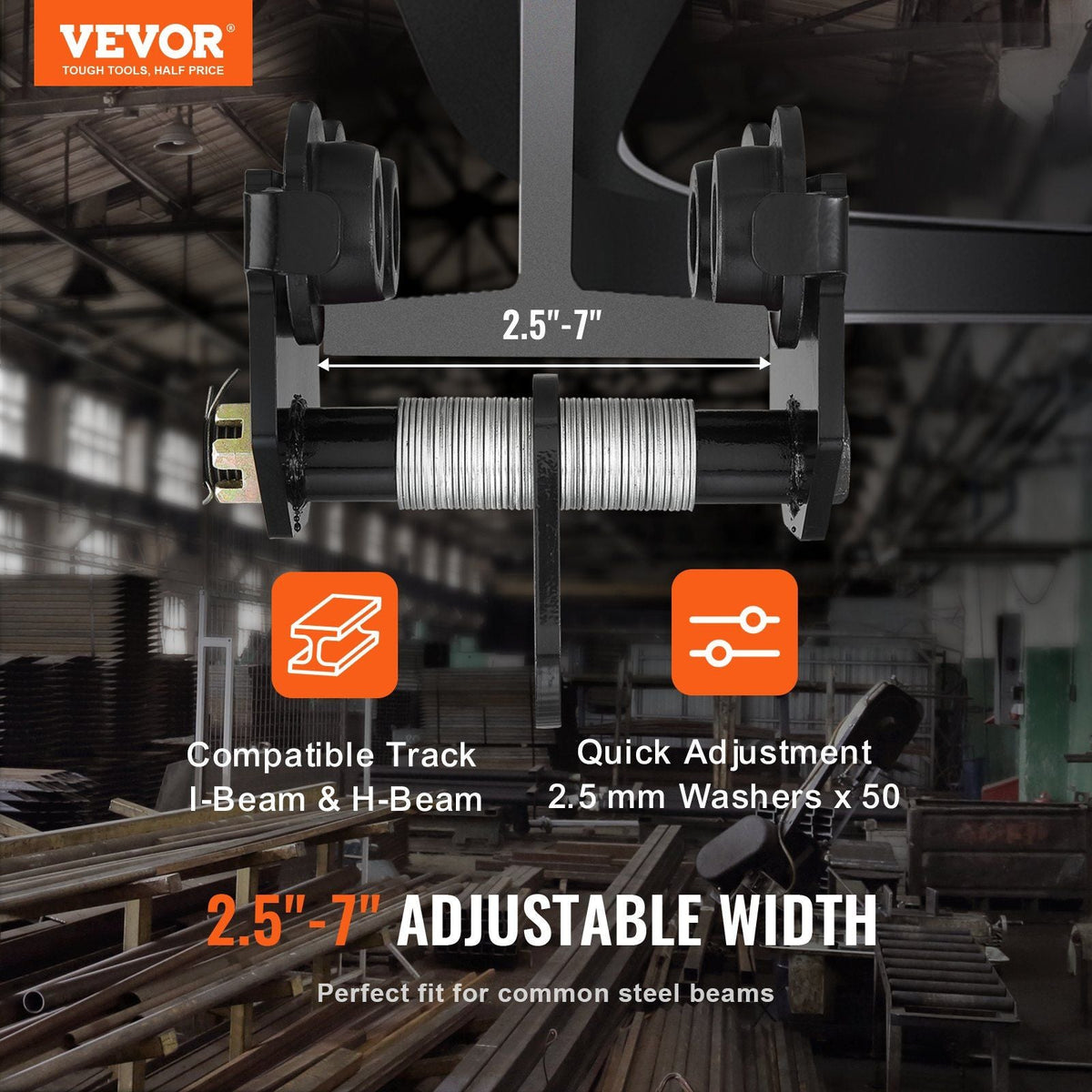 Manual Trolley, 4400 lbs/2 Ton Load Capacity, Push Beam Trolley with Dual Wheels, Adjustable for I-Beam Flange Width 2.5" to 7", Heavy Duty Alloy Steel Garage Hoist for Straight Curved I Beam