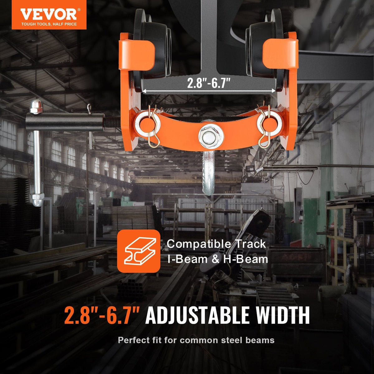 Manual Trolley, 4400 lbs/2 Ton Load Capacity, Push Beam Trolley with Dual Wheels, Adjustable for I-Beam Flange Width 2.8" to 6.7", Heavy Duty Alloy Steel Garage Hoist for Straight Curved I Beam