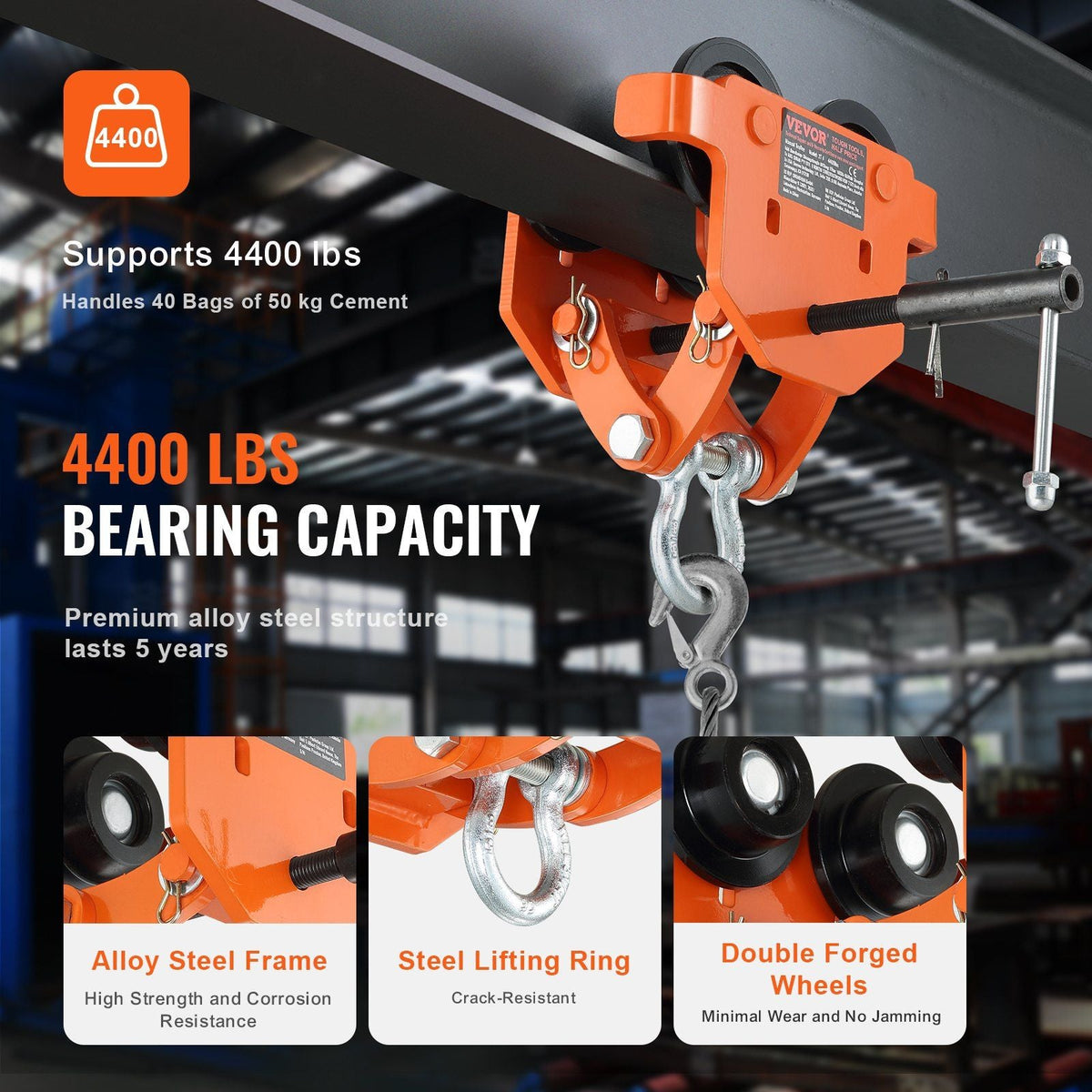 Manual Trolley, 4400 lbs/2 Ton Load Capacity, Push Beam Trolley with Dual Wheels, Adjustable for I-Beam Flange Width 2.8" to 6.7", Heavy Duty Alloy Steel Garage Hoist for Straight Curved I Beam