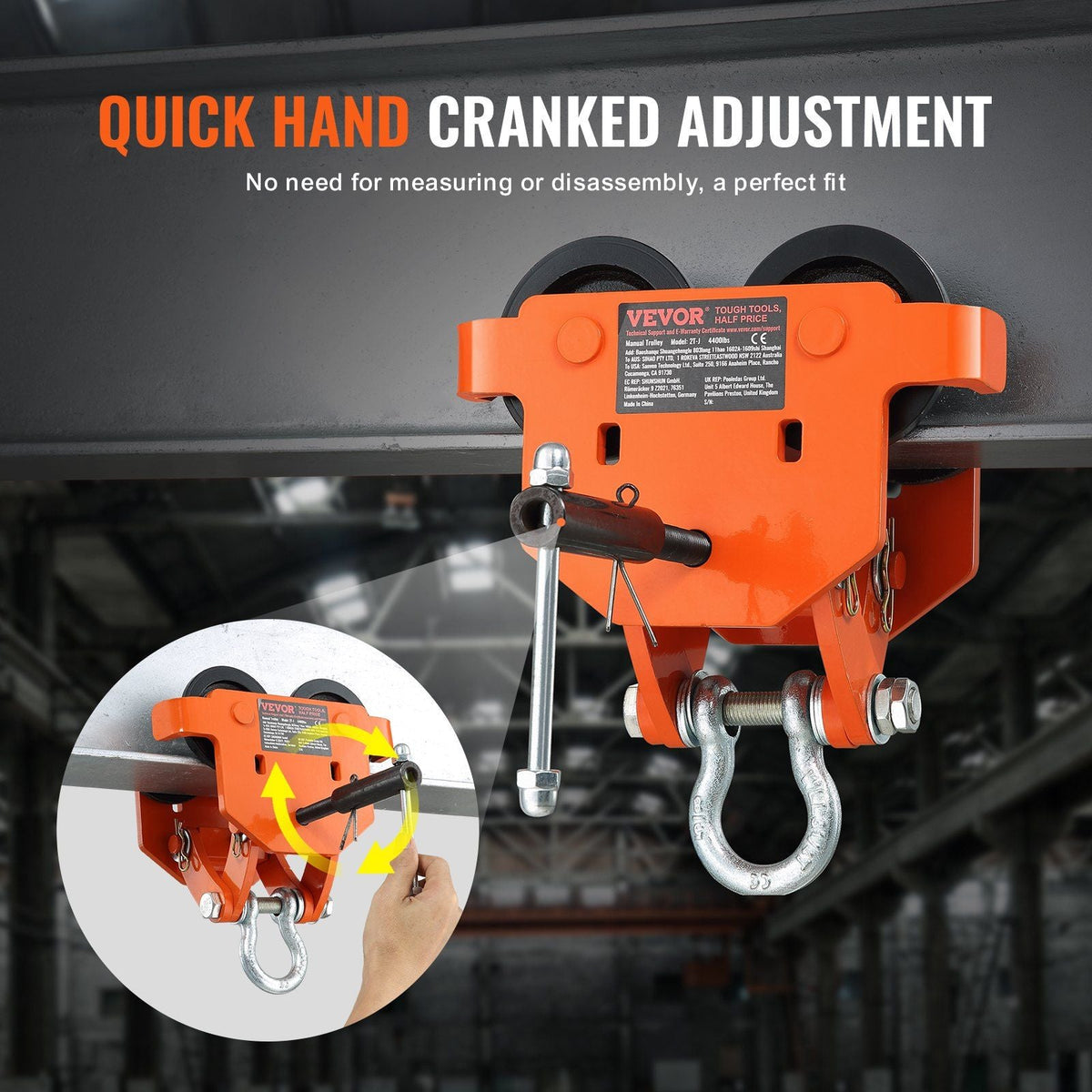 Manual Trolley, 4400 lbs/2 Ton Load Capacity, Push Beam Trolley with Dual Wheels, Adjustable for I-Beam Flange Width 2.8" to 6.7", Heavy Duty Alloy Steel Garage Hoist for Straight Curved I Beam