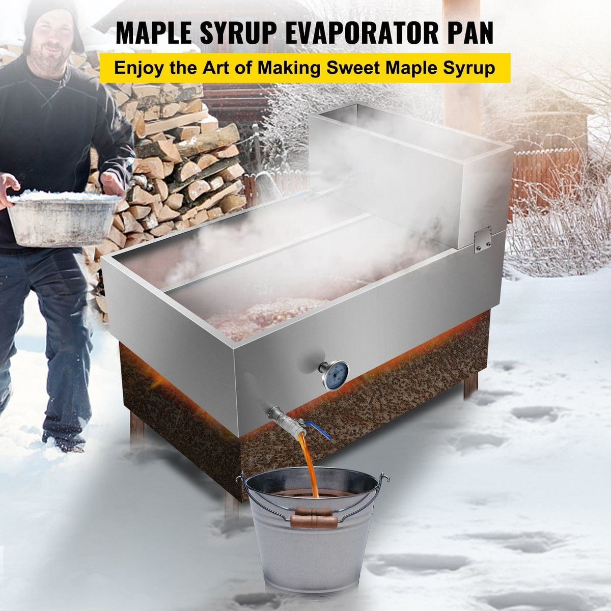 Maple Syrup Evaporator Pan 36x24x18.5 Inch Stainless Steel Maple Syrup Boiling Pan with Valve and Thermometer and Divided Pan and Feed Pan