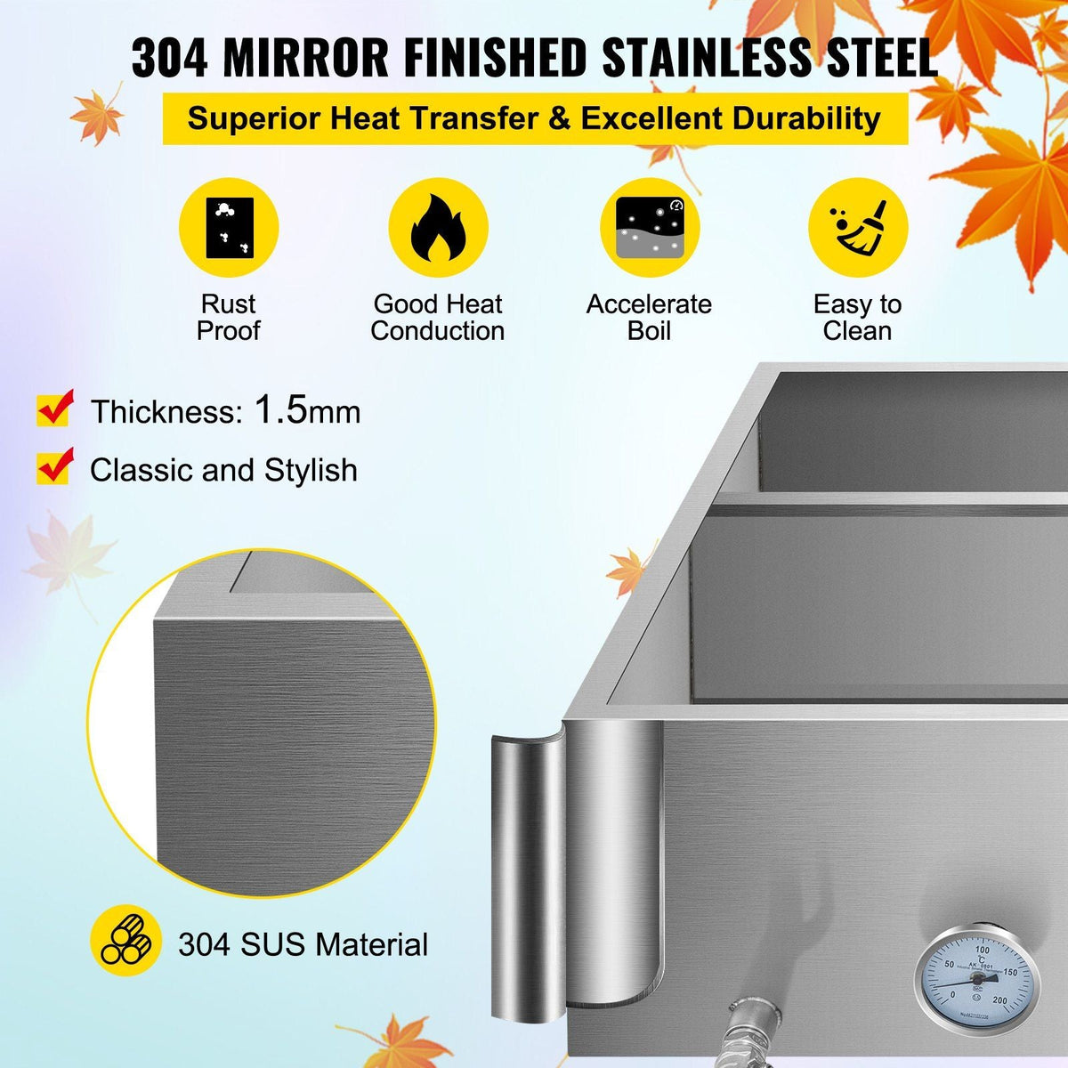 Maple Syrup Evaporator Pan 36x24x18.5 Inch Stainless Steel Maple Syrup Boiling Pan with Valve and Thermometer and Divided Pan and Feed Pan