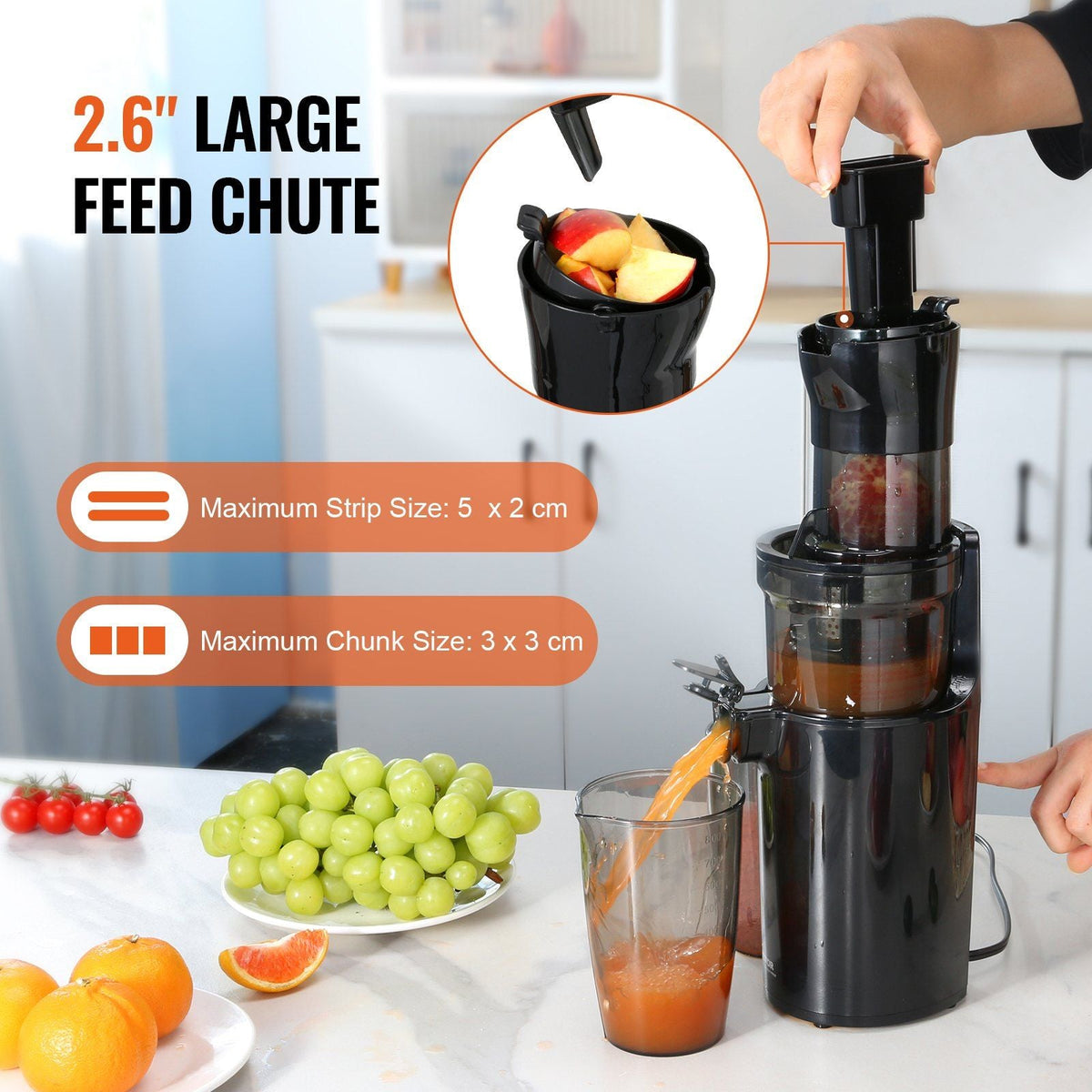 Masticating Juicer, Cold Press Juicer Machine, 2.6" Large Feed Chute Slow Juicer, Juice Extractor Maker with High Juice Yield, Easy to Clean with Brush, for High Nutrient Fruits Vegetables