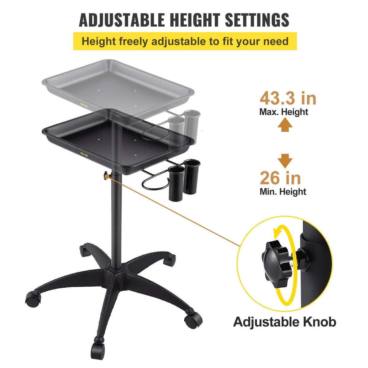 Mayo Stand Medical Tray, Height Adjustable Stainless Steel Salon Tray Easy Assemble Tattoo Cart Lab Tray with 2 Cups & 1 Metal Ring for SPA Clinic Personal Care Lab Hospital Dentistry, Black
