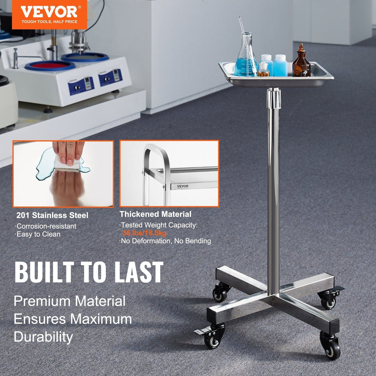 Mayo Stand, Stainless Steel Mayo Tray, Load Capacity up to 36 lbs, Adjustable Height 31.9"-55", Medical Tray on Wheels with Removable Tray for Spa, Salon, Clinic, Personal Care