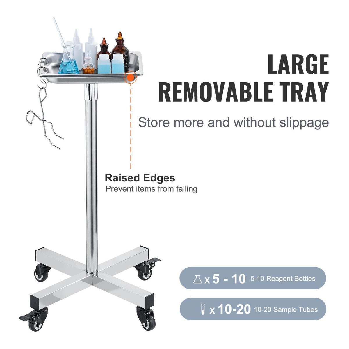 Mayo Stand, Stainless Steel Mayo Tray, Load Capacity up to 36 lbs, Adjustable Height 31.9"-55", Medical Tray on Wheels with Removable Tray for Spa, Salon, Clinic, Personal Care
