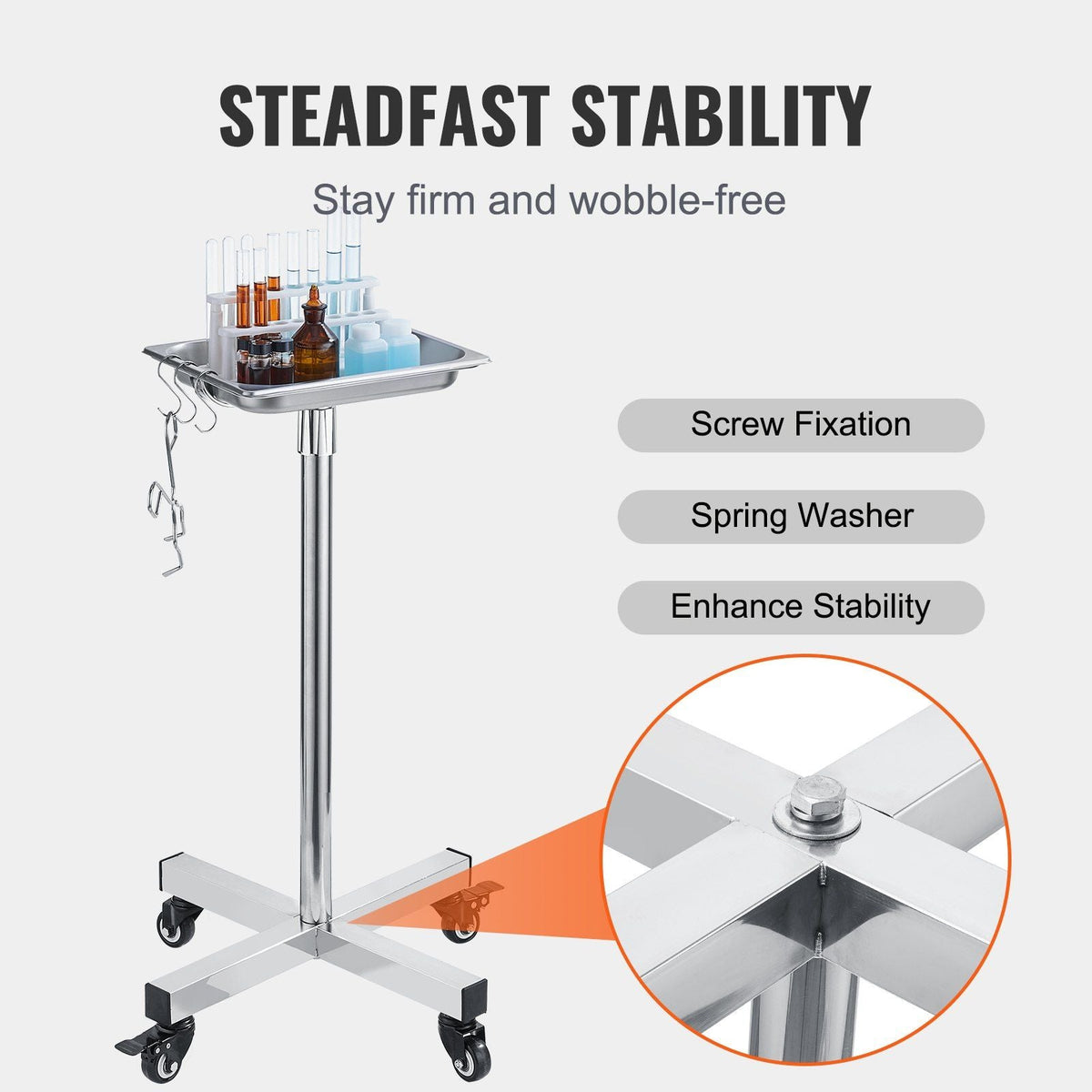 Mayo Stand, Stainless Steel Mayo Tray, Load Capacity up to 36 lbs, Adjustable Height 31.9"-55", Medical Tray on Wheels with Removable Tray for Spa, Salon, Clinic, Personal Care