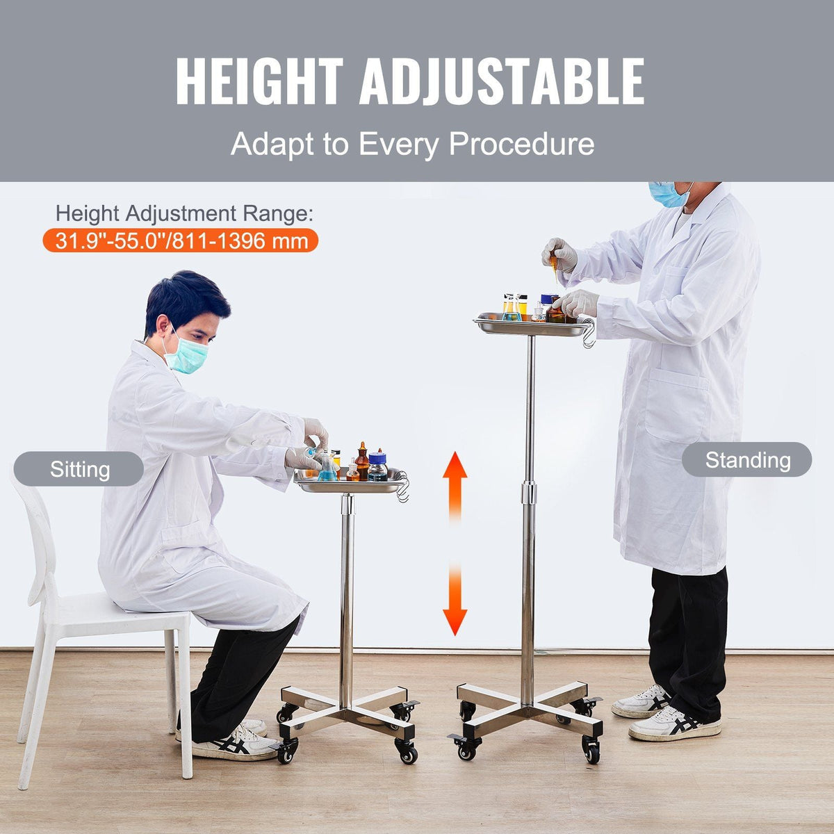 Mayo Stand, Stainless Steel Mayo Tray, Load Capacity up to 36 lbs, Adjustable Height 31.9"-55", Medical Tray on Wheels with Removable Tray for Spa, Salon, Clinic, Personal Care