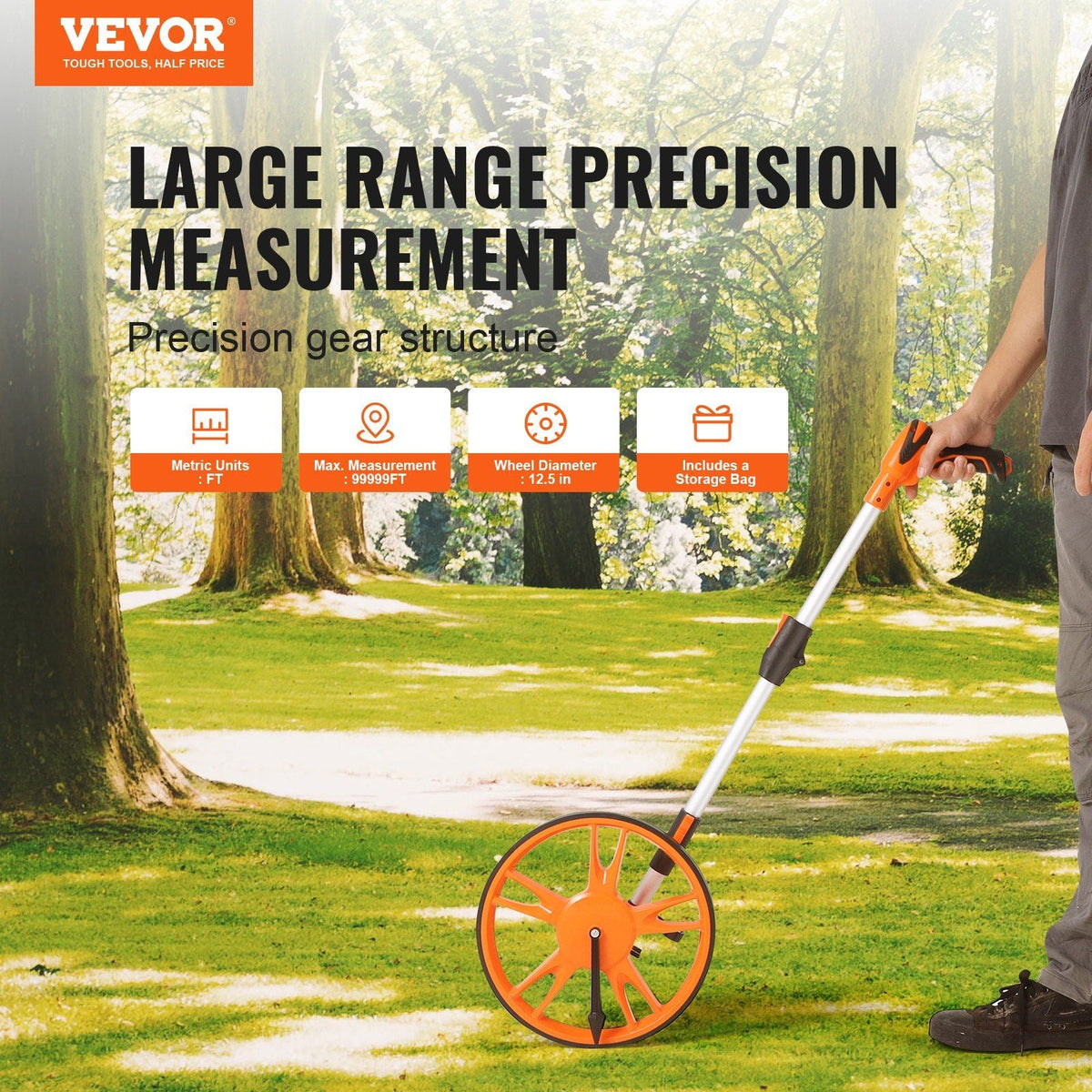 Measuring Wheel in Feet, 12.5 in Wheel Diameter, 39.37-15.75 in Telescoping Measure Wheel, Measurement 0-9,999Ft with Back Bag, Suitable for Lawn/Hard/Soft/Wood Road Measuring