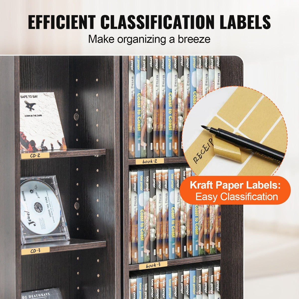 Media Storage Cabinet, 4-Layer DVD Shelf Holds 576 CDs, Adjustable CD Shelves 16 Compartments, Protects & Organizes Music, Movie, Video Games or Memorabilia Collections, Nut-brown