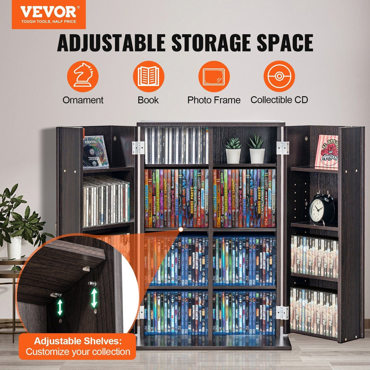 Media Storage Cabinet, 4-Layer DVD Shelf Holds 576 CDs, Adjustable CD Shelves 16 Compartments, Protects & Organizes Music, Movie, Video Games or Memorabilia Collections, Nut-brown