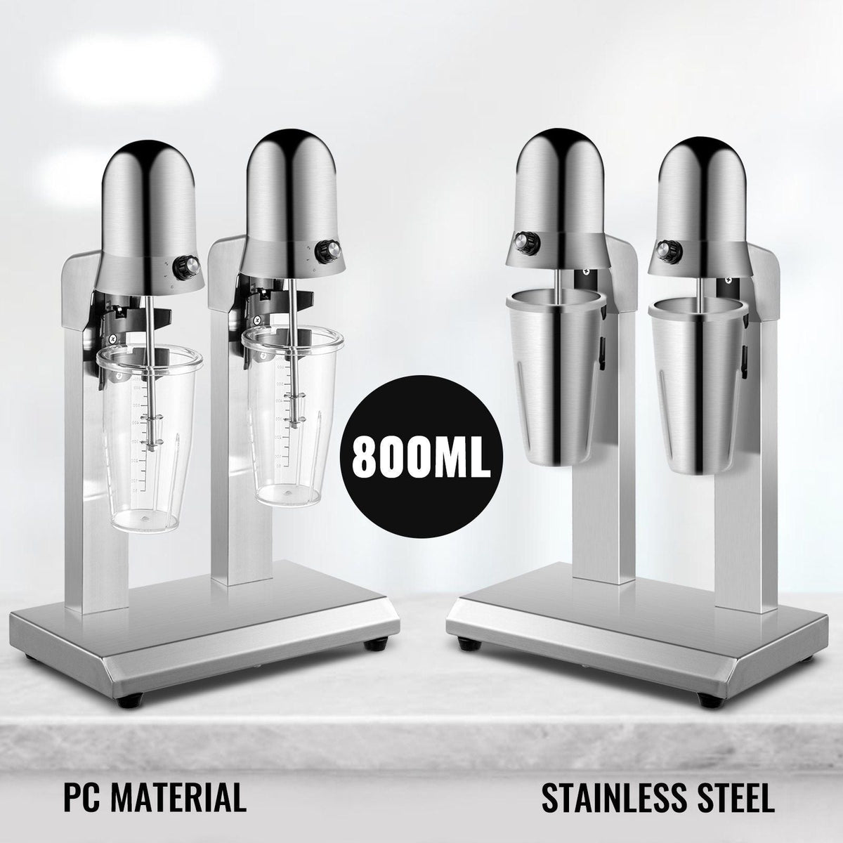 Milkshake Maker, Double-Head Milkshake Machine, 560W Milkshake Mixer, Malt Maker with 800ml Cups (Stainless Steel/PC), 2-Speed Electric Milk Shake Machine, 36000RPM Drink Mixer, Stainless Steel