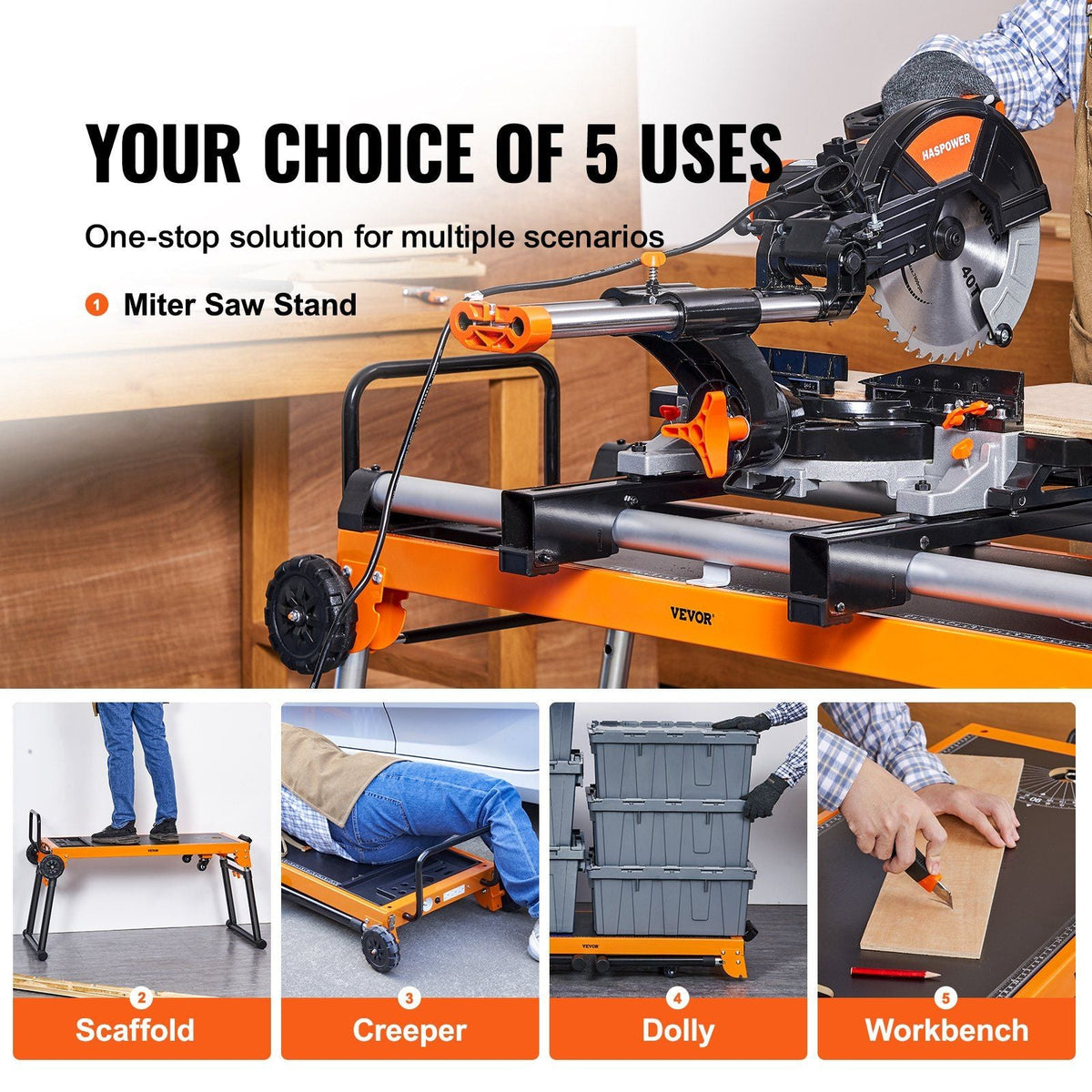 Miter Saw Stand, 42in Collapsible Rolling Miter Saw Stand with Onboard Outlets, 5-in-1 Detachable Miter Saw Stand, Height Adjustable, 330lbs Load Capacity for Scaffold/Dolly/Creeper/Platform