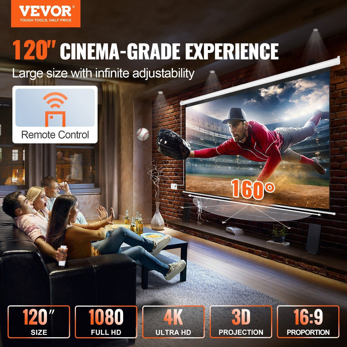 Motorized Projector Screen, 120 inch 16:9 4K 1080 HD Electric Projector Screen, Automatic Projection Screen with Remote Control, Wall Mount Movie Screen for Family Home Office Theater