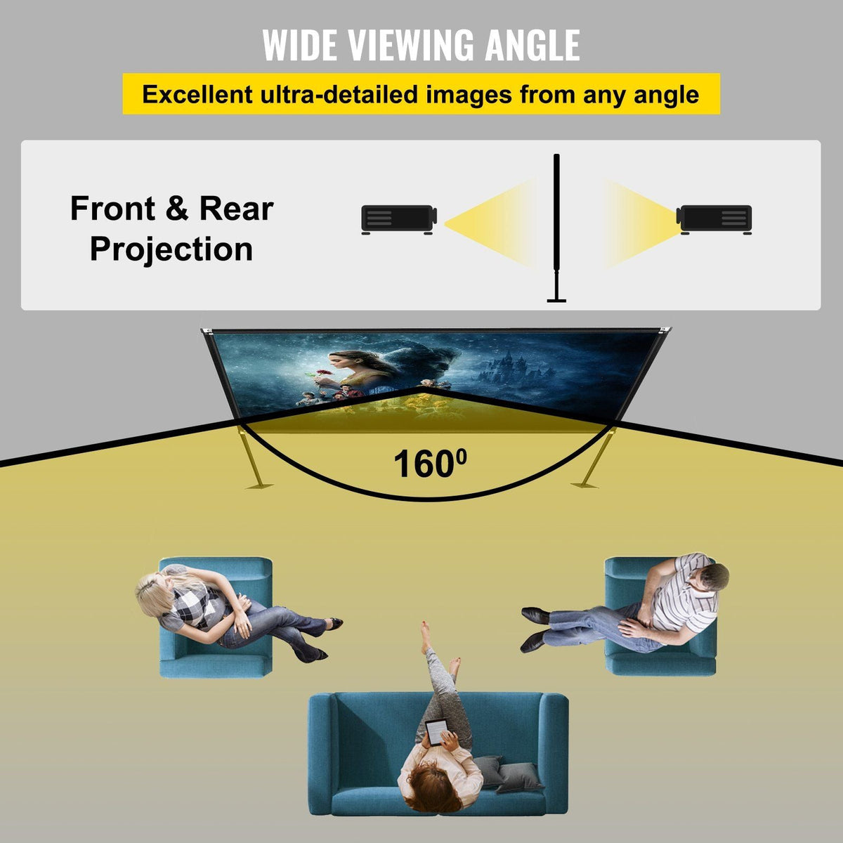 Movie Screen with Stand 135inch Portable Projector Screen 16:9 4K HD Wide Angle Projector Screen with Stand Easy Assembly with Storage Bag for Both Indoor and Outdoor Use