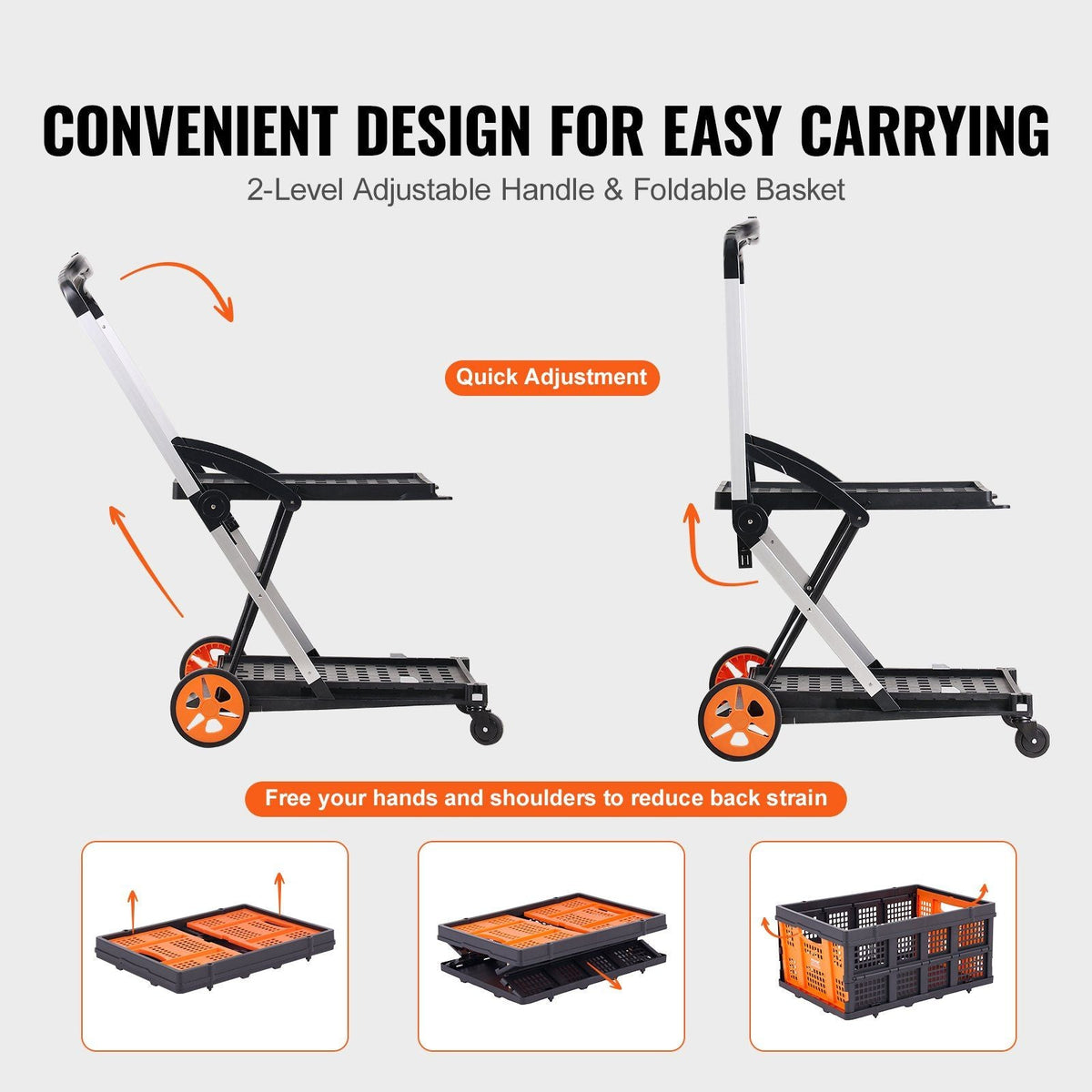 Multi Use Functional Collapsible Cart, 198 lbs Capacity 2-Tier Folding Shopping Cart with Wheels, Collapsible Utility Cart with Storage Crate, 2 in 1 Hand Truck for Grocery/Luggage/Moving/Office