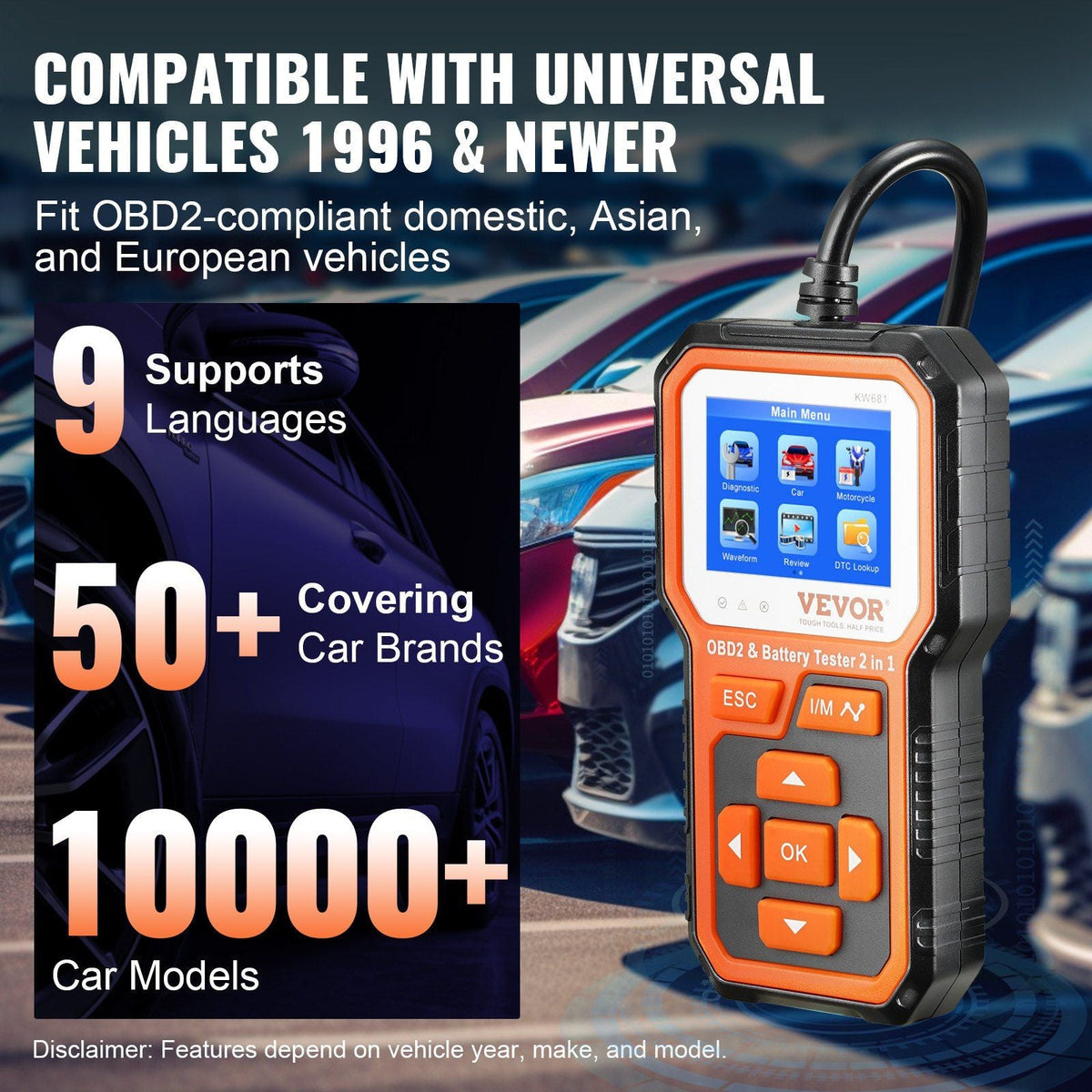 OBD2 Scanner Battery Tester 6V/12V - Upgrade 2 IN1 OBD Scanner Diagnostic Tool Car 100-2000 Battery Charging Cranking System Test Car Code Reader Scan Tool for All OBDII Protocol Cars Since 1996