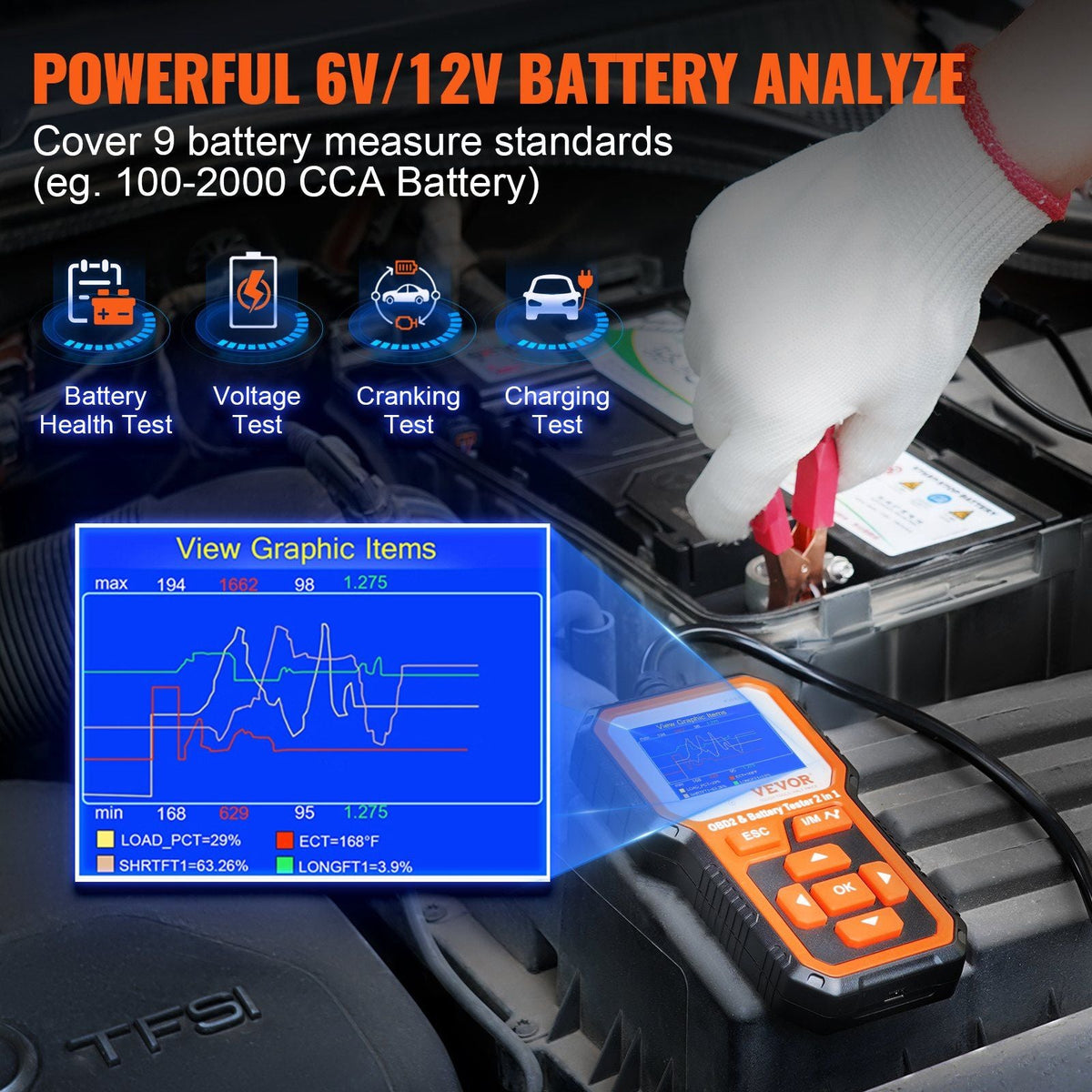 OBD2 Scanner Battery Tester 6V/12V - Upgrade 2 IN1 OBD Scanner Diagnostic Tool Car 100-2000 Battery Charging Cranking System Test Car Code Reader Scan Tool for All OBDII Protocol Cars Since 1996